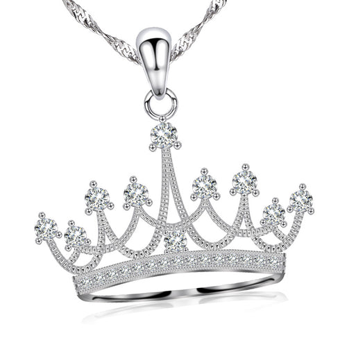 925 Sterling Silver Round Cubic Zirconia Crown Pendant Necklace Queen Jewelry for Women with 18