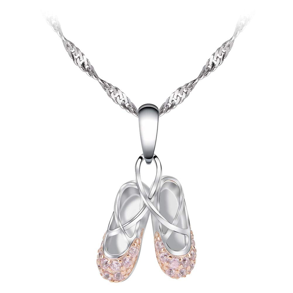 925 Sterling Silver Ballerina Necklace Jewelry Cubic Zirconia Ballet Slippers Shoes Necklace for Women Girls Teen & Dancer 18