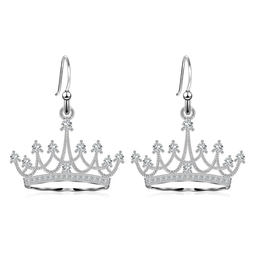 925 Sterling Silver Round Cubic Zirconia Crown Dangle Earrings Queen Jewelry for Women