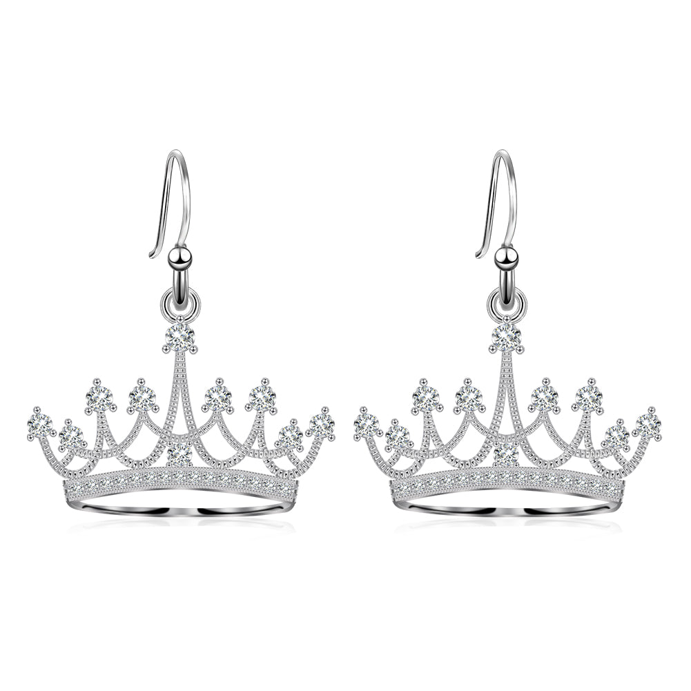 925 Sterling Silver Round Cubic Zirconia Crown Dangle Earrings Queen Jewelry for Women