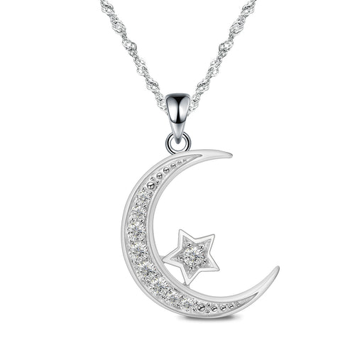 925 Sterling Silver Moon Necklace Cubic Zirconia Crescent Moon Star Phase Pendant Necklace Dainty Chain 18