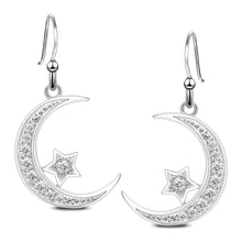 Load image into Gallery viewer, 925 Sterling Silver Round Cubic Zirconia Crescent Moon &amp; Star Dangle Earrings Star Jewelry for Women