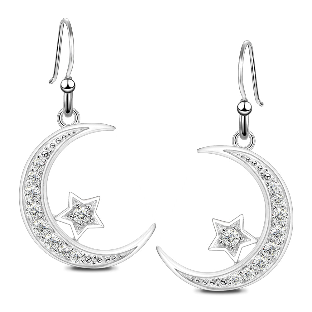 925 Sterling Silver Round Cubic Zirconia Crescent Moon & Star Dangle Earrings Star Jewelry for Women