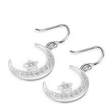 Load image into Gallery viewer, 925 Sterling Silver Round Cubic Zirconia Crescent Moon &amp; Star Dangle Earrings Star Jewelry for Women