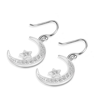 925 Sterling Silver Round Cubic Zirconia Crescent Moon & Star Dangle Earrings Star Jewelry for Women