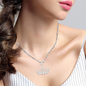 925 Sterling Silver Round Cubic Zirconia Crown Pendant Necklace Queen Jewelry for Women with 18" Silver Chain