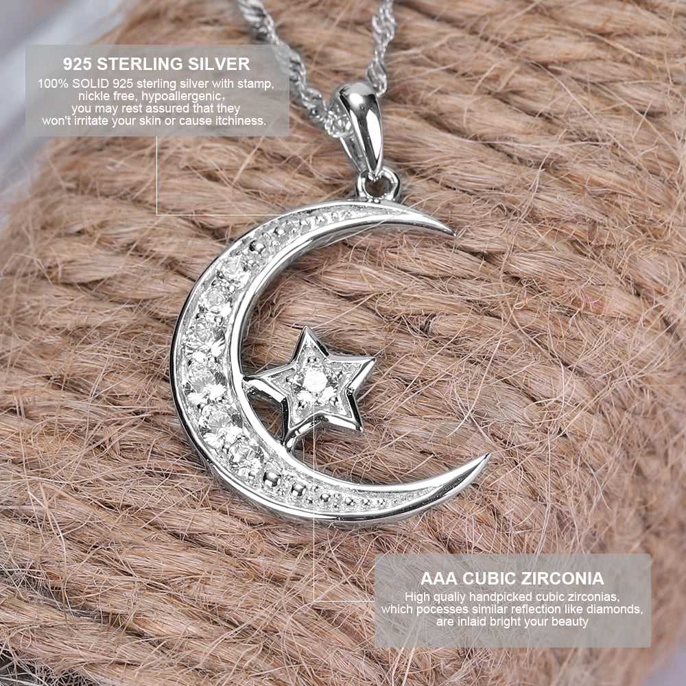 925 Sterling Silver Moon Necklace Cubic Zirconia Crescent Moon