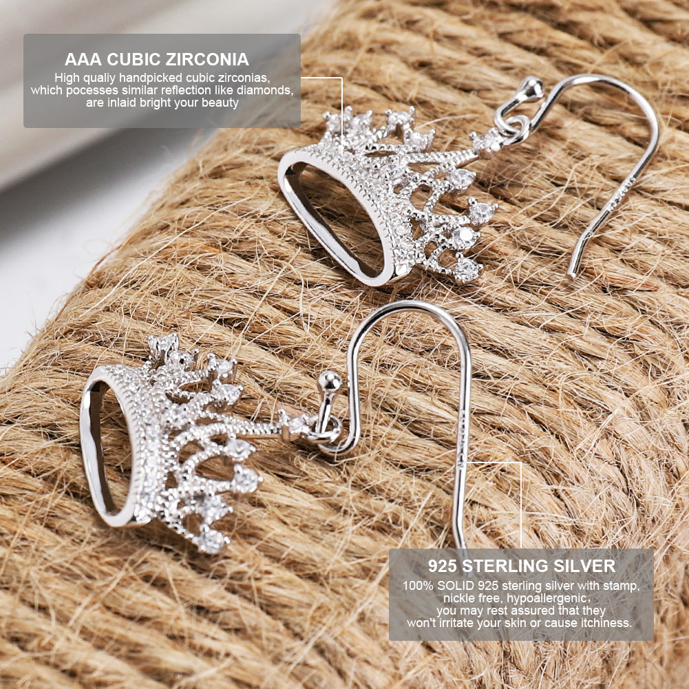 925 Sterling Silver Round Cubic Zirconia Crown Dangle Earrings Queen  Jewelry for Women