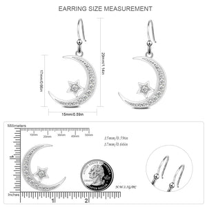 925 Sterling Silver Round Cubic Zirconia Crescent Moon & Star Dangle Earrings Star Jewelry for Women