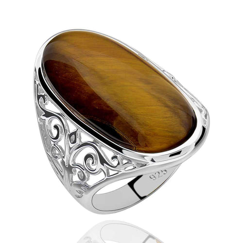 Sterling Silver Magnificent Oval Shaped Tiger Eye Solitaire Ring