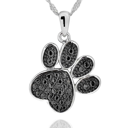 925 Sterling Silver Diamond Accent Black Plated Paw Print Pendant Necklace